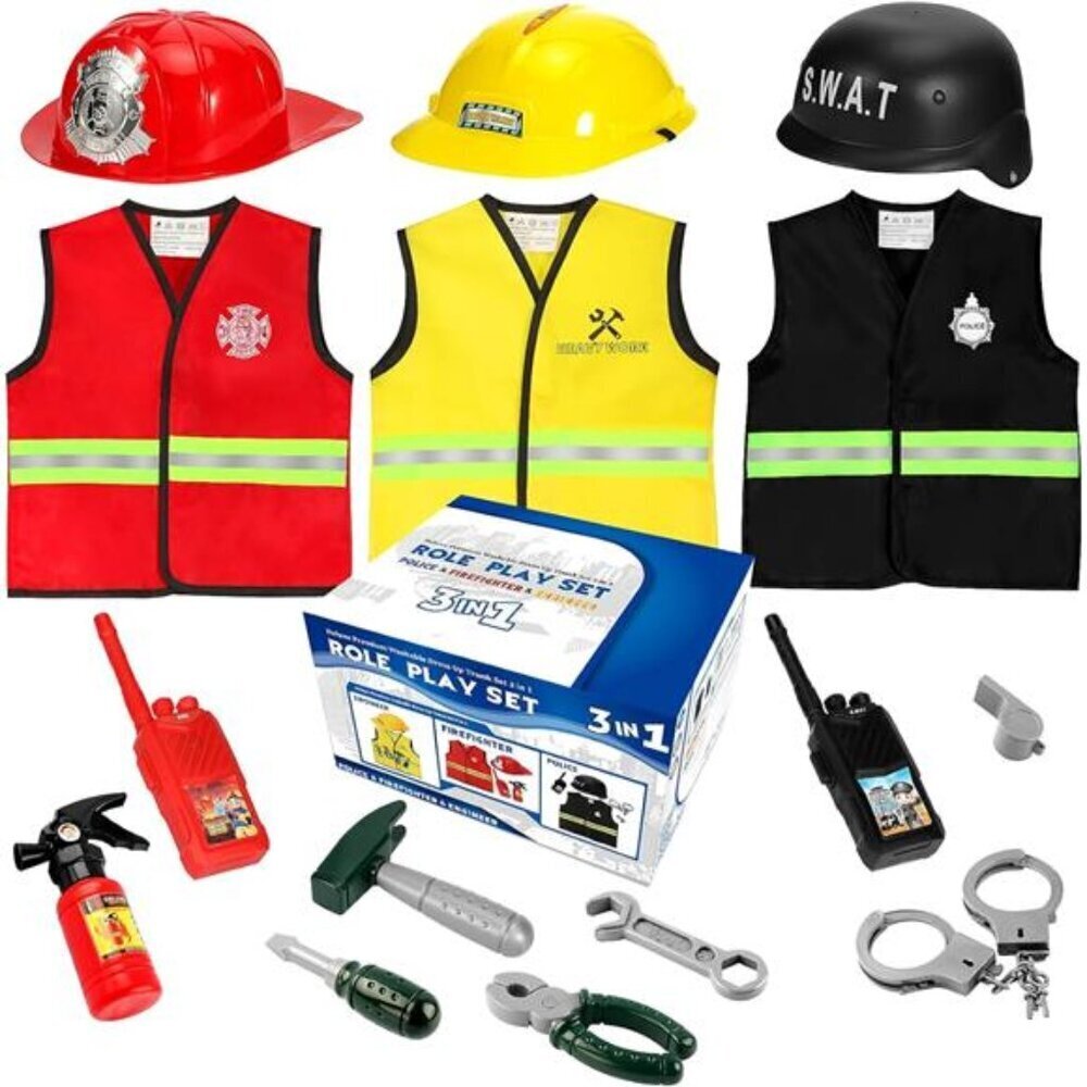 Boys Dress up Trunk Costumes Set,15pcs Pretend Role Play Set Fireman, Police